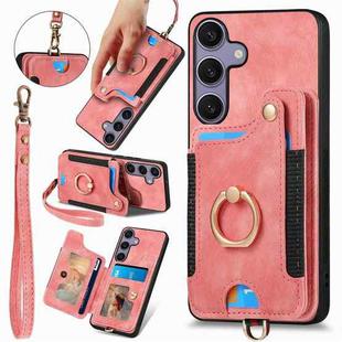 For Samsung Galaxy S25 5G Retro Skin-feel Ring Multi-card Wallet Phone Case(Pink)
