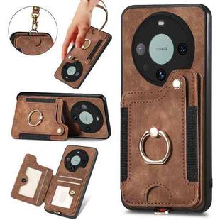 For Huawei Mate 60 Pro Retro Skin-feel Ring Multi-card RFID Wallet Phone Case with Lanyard(Brown)