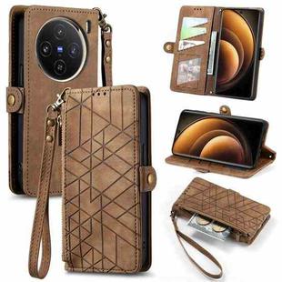 For vivo X100 Geometric Zipper Wallet Side Buckle Leather Phone Case(Brown)