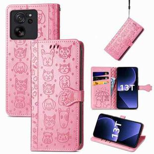 For Xiaomi 13T / 13T Pro Cat and Dog Embossed Leather Phone Case(Pink)