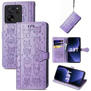 For Xiaomi 13T / 13T Pro Cat and Dog Embossed Leather Phone Case(Purple)