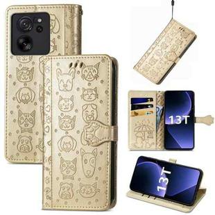 For Xiaomi 13T / 13T Pro Cat and Dog Embossed Leather Phone Case(Gold)