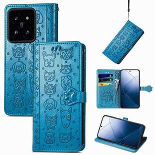 For  Xiaomi 14 Pro Cat and Dog Embossed Leather Phone Case(Blue)