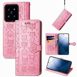 For  Xiaomi 14 Pro Cat and Dog Embossed Leather Phone Case(Pink)