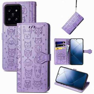 For  Xiaomi 14 Pro Cat and Dog Embossed Leather Phone Case(Purple)