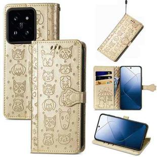 For  Xiaomi 14 Pro Cat and Dog Embossed Leather Phone Case(Gold)