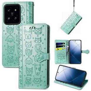 For Xiaomi 14 Cat and Dog Embossed Leather Phone Case(Green)