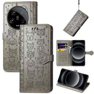 For Xiaomi 14 Ultra Cat and Dog Embossed Leather Phone Case(Grey)