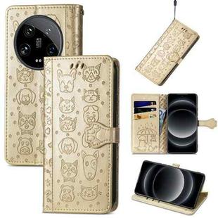 For Xiaomi 14 Ultra Cat and Dog Embossed Leather Phone Case(Gold)