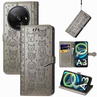 For Xiaomi Redmi A3 Cat and Dog Embossed Leather Phone Case(Grey)