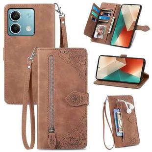 For Xiaomi Redmi Note 13 5G Embossed Flower Zipper Leather Phone Case(Brown)