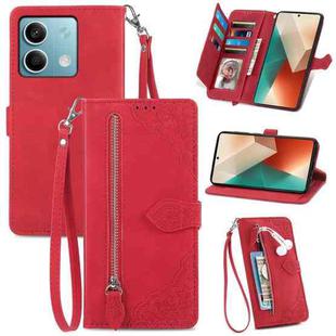 For Xiaomi Redmi Note 13 5G Embossed Flower Zipper Leather Phone Case(Red)