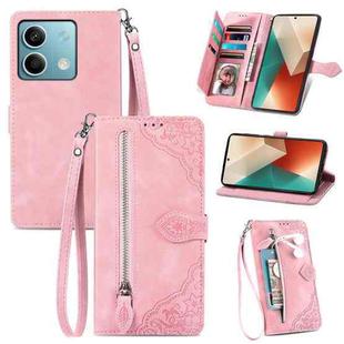 For Xiaomi Redmi Note 13 5G Embossed Flower Zipper Leather Phone Case(Pink)