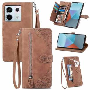 For Xiaomi Redmi Note 13 Pro 5G Embossed Flower Zipper Leather Phone Case(Brown)