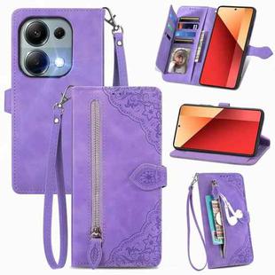 For Xiaomi Redmi Note 13 Pro 4G Embossed Flower Zipper Leather Phone Case(Purple)