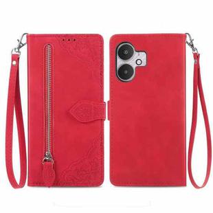 For Xiaomi Redmi 13C 5G Embossed Flower Zipper Leather Phone Case(Red)