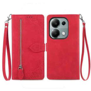 For Xiaomi Poco M6 Pro 4G Embossed Flower Zipper Leather Phone Case(Red)