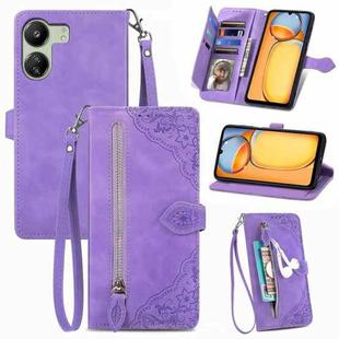 For Xiaomi Poco C65 Embossed Flower Zipper Leather Phone Case(Purple)