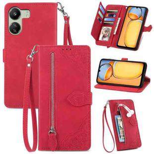 For Xiaomi Poco C65 Embossed Flower Zipper Leather Phone Case(Red)