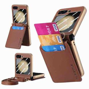 For Samsung Galaxy Z Flip5 5G Crossbody Electroplated Case-film Integrated Wallet Phone Case(Brown)