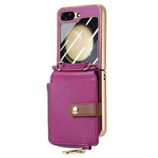 For Samsung Galaxy Z Flip5 5G Crossbody Litchi Electroplated Case-film Integrated Zipper Wallet Phone Case(Purple)