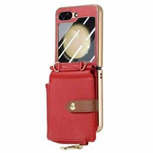 For Samsung Galaxy Z Flip5 5G Crossbody Litchi Electroplated Case-film Integrated Zipper Wallet Phone Case(Red)
