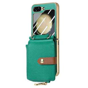 For Samsung Galaxy Z Flip5 5G Crossbody Litchi Electroplated Case-film Integrated Zipper Wallet Phone Case(Green)