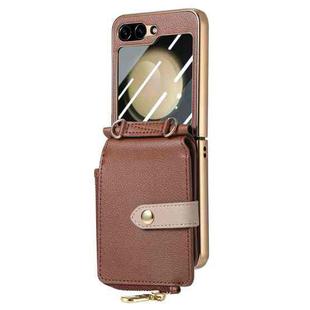 For Samsung Galaxy Z Flip5 5G Crossbody Litchi Electroplated Case-film Integrated Zipper Wallet Phone Case(Brown)
