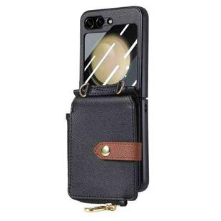 For Samsung Galaxy Z Flip5 5G Crossbody Litchi Electroplated Case-film Integrated Zipper Wallet Phone Case(Black)