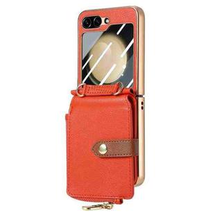 For Samsung Galaxy Z Flip5 5G Crossbody Litchi Electroplated Case-film Integrated Zipper Wallet Phone Case(Orange)