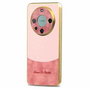 For Huawei Mate 60 Pro Retro Plating Splicing Cross PU Back Phone Case(Pink)