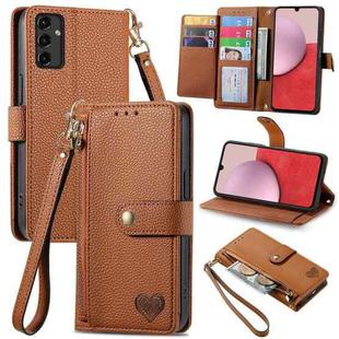 For Samsung Galaxy A14 4G Love Zipper Lanyard Leather Phone Case(Brown)