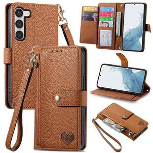 For Samsung Galaxy S23 5G Love Zipper Lanyard Leather Phone Case(Brown)