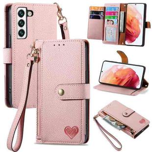 For Samsung Galaxy S21 FE 5G Love Zipper Lanyard Leather Phone Case(Pink)