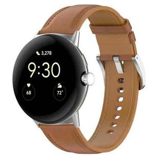 For Google Pixel Watch 2 Top Layer Leather Embossed Sewing Watch Band(Light Brown)