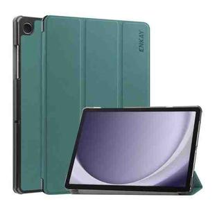For Samsung Galaxy Tab A9+ 11.0 ENKAY Tri-fold Custer Texture Leather Smart Tablet Case(Dark Green)