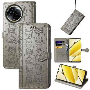 For Realme 11 5G Global Cat and Dog Embossed Leather Phone Case(Grey)