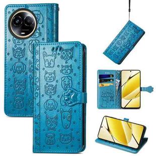 For Realme 11 5G Global Cat and Dog Embossed Leather Phone Case(Blue)