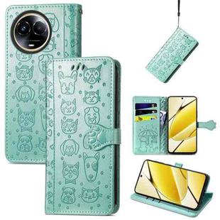 For Realme 11 5G Global Cat and Dog Embossed Leather Phone Case(Green)