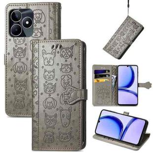 For Realme C53 Cat and Dog Embossed Leather Phone Case(Grey)