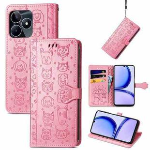 For Realme C53 Cat and Dog Embossed Leather Phone Case(Pink)