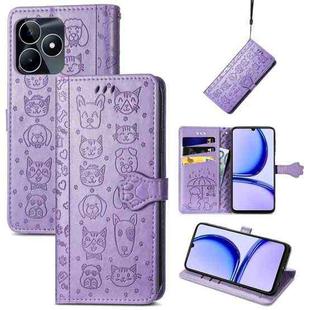 For Realme C53 Cat and Dog Embossed Leather Phone Case(Purple)