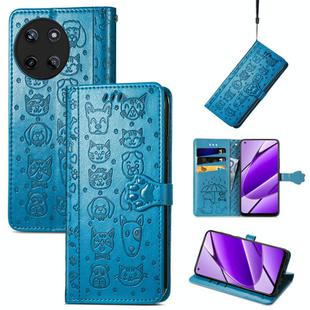 For Realme 11 4G Global Cat and Dog Embossed Leather Phone Case(Blue)
