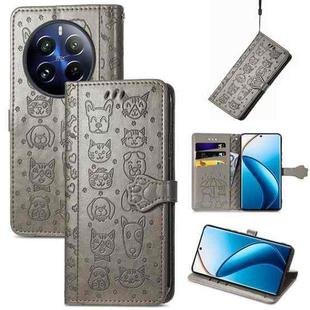 For Realme 12 Pro Cat and Dog Embossed Leather Phone Case(Grey)