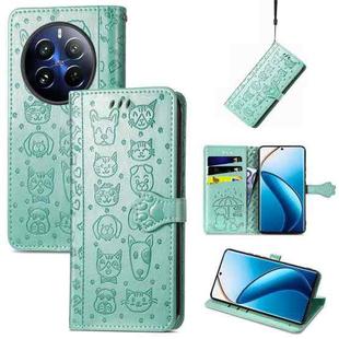 For Realme 12 Pro Cat and Dog Embossed Leather Phone Case(Green)