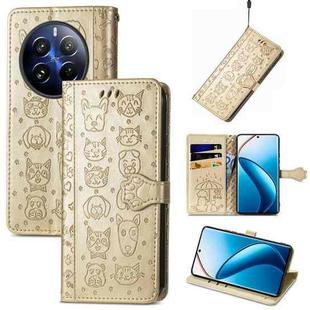For Realme 12 Pro Cat and Dog Embossed Leather Phone Case(Gold)