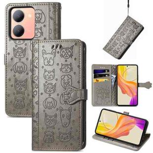 For vivo Y78 Cat and Dog Embossed Leather Phone Case(Grey)