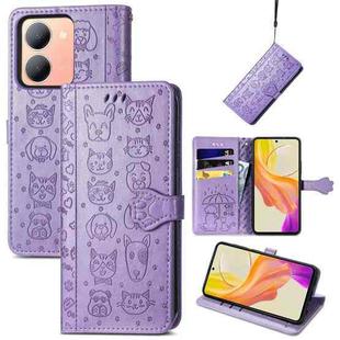 For vivo Y78 Cat and Dog Embossed Leather Phone Case(Purple)