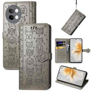 For vivo S18e Cat and Dog Embossed Leather Phone Case(Grey)