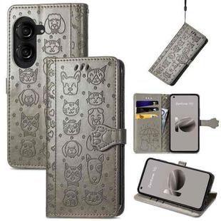 For ASUS Zenfone 10 Cat and Dog Embossed Leather Phone Case(Grey)